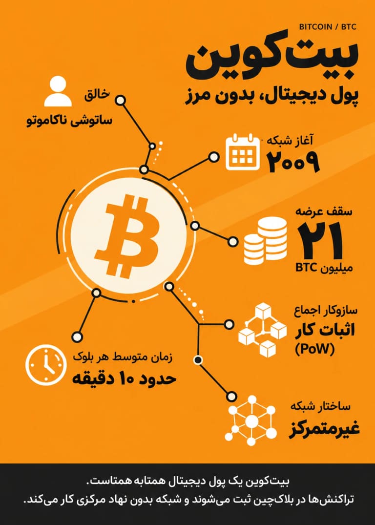 اینفوگرافیک معرفی بیت کوین؛ خالق، آغاز شبکه، سقف عرضه و سازوکار اثبات کار