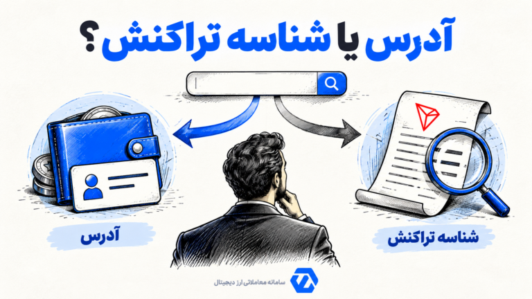 ترون اسکن چیست؟ راهنمای خواندن اطلاعات شبکه ترون تصویر آموزشی تفاوت جست وجوی آدرس عمومی با شناسه یک تراکنش در ترون اسکن