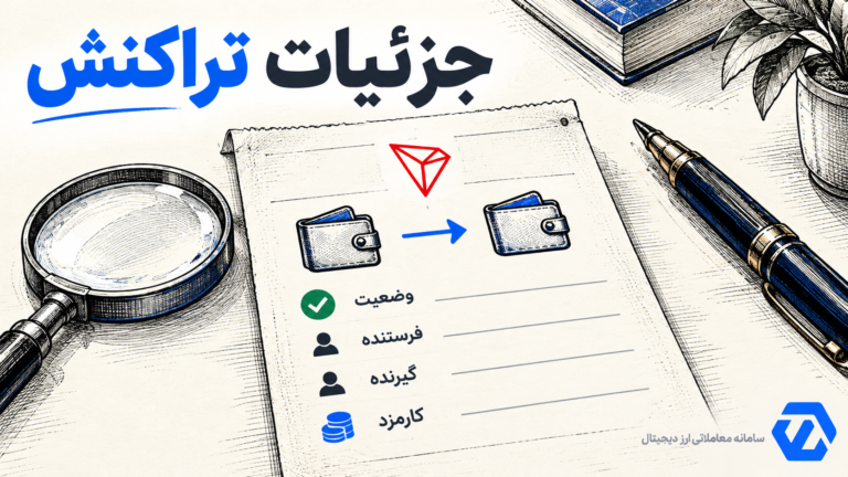 ترون اسکن چیست؟ راهنمای خواندن اطلاعات شبکه ترون تصویر آموزشی فیلدهای تراکنش شامل وضعیت، فرستنده، گیرنده و کارمزد