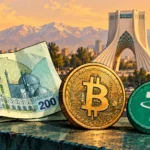 خرید ارز دیجیتال با تومان یا تتر؛ اسکناس تومان و نمادهای بیت کوین و تتر کنار برج آزادی