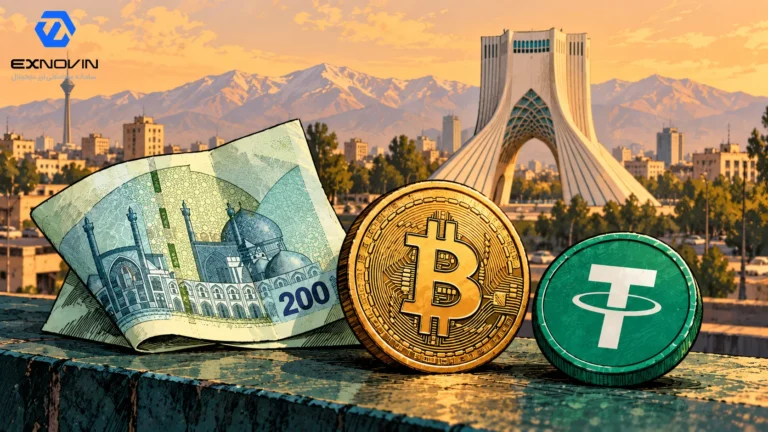 خرید ارز دیجیتال با تومان یا تتر؛ اسکناس تومان و نمادهای بیت کوین و تتر کنار برج آزادی