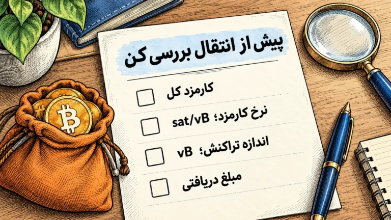 چک لیست بررسی کارمزد کل، نرخ کارمزد، اندازه تراکنش و مبلغ دریافتی پیش از انتقال بیت کوین