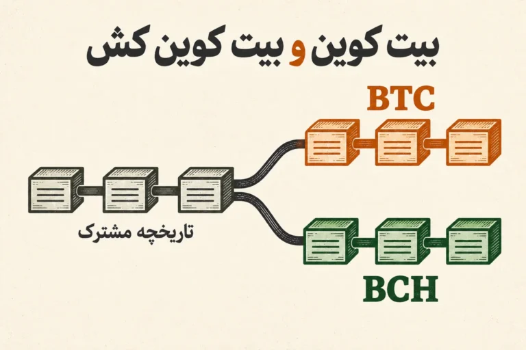 نمودار مفهومی انشعاب بیت کوین و بیت کوین کش از تاریخچه مشترک