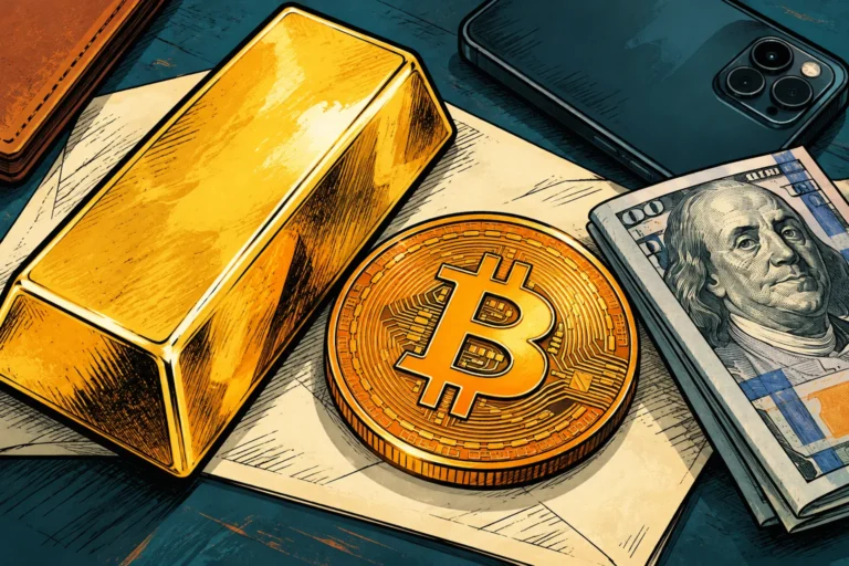 تصویرسازی شمش طلا، بیت کوین و دلار برای مقایسه بازارها