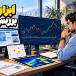 ابزارهای بررسی بازار؛ تصویر تحلیلگر در حال بررسی نمودار و اطلاعات بازار ارز دیجیتال