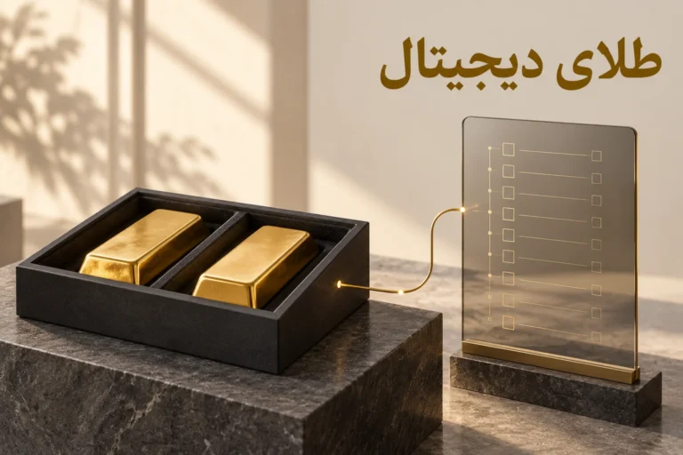 نمای مفهومی ارز دیجیتال با پشتوانه طلا و ثبت مالکیت طلای فیزیکی