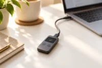 تصویر مفهومی کیف پول سخت افزاری بدون برند، متصل به لپ تاپ با کابل USB