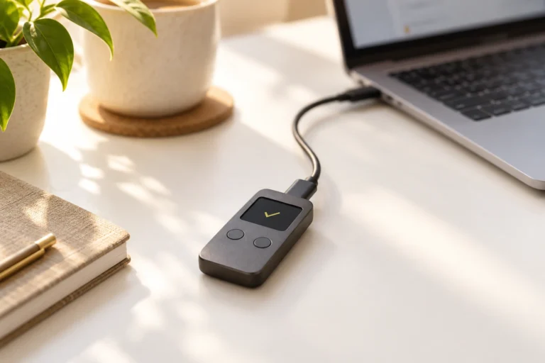 تصویر مفهومی کیف پول سخت افزاری بدون برند، متصل به لپ تاپ با کابل USB