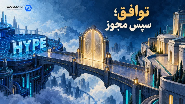 پل فناوری از سکوی HYPE به معماری مالی با دروازه ای بسته و روشن در میانه