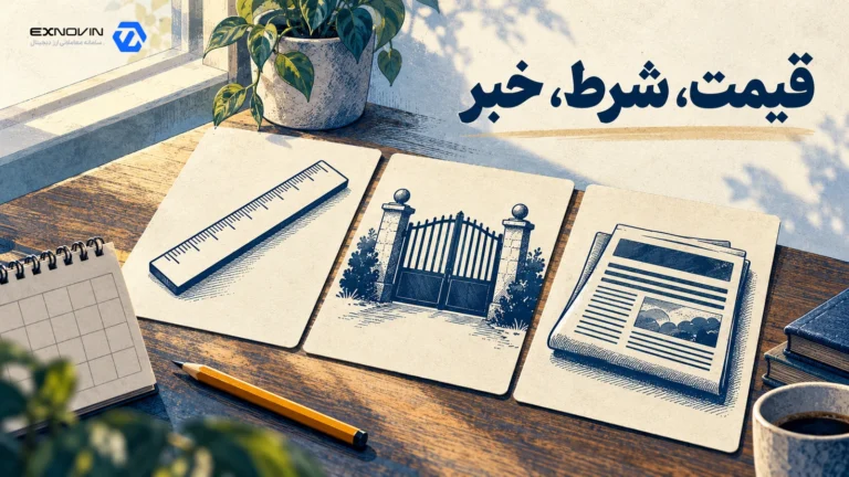 سه کارت با نقش خط کش، دروازه بسته و برگه خبر روی میز، کنار مداد و تقویم بی عدد