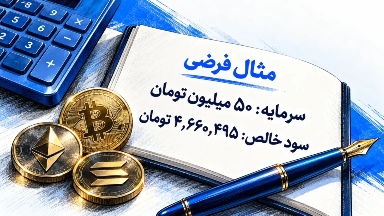 محاسبه سود ارز دیجیتال با کارمزد؛ مثال ۵۰ میلیون تومان محاسبه سود ارز دیجیتال در مثال فرضی سرمایه ۵۰ میلیون تومانی و سود خالص ۴٬۶۶۰٬۴۹۵ تومان