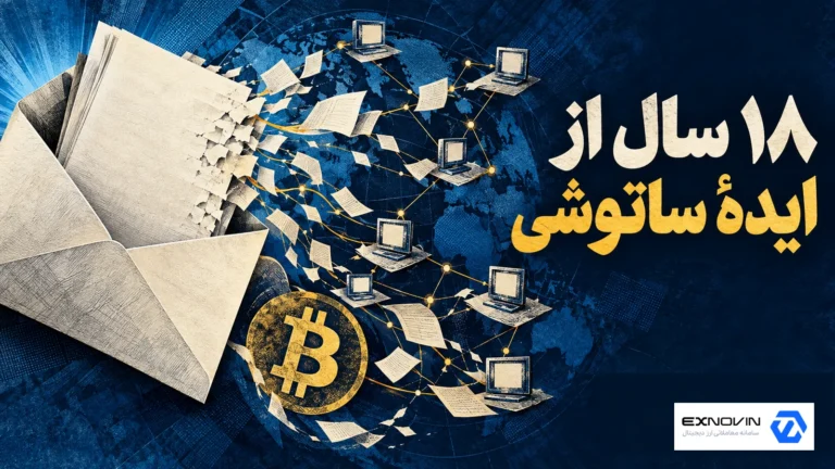 تصویرسازی پاکت و برگه ایده ساتوشی که به شبکه همتابه همتای بیت کوین تبدیل می شود