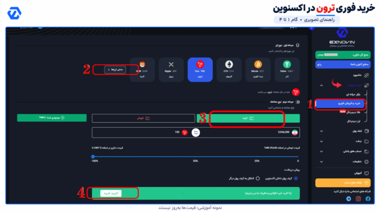 خرید ترون از اکس نوین؛ آموزش تصویری 6 مرحله انتخاب ترون TRX و مراحل خرید و فروش فوری در پنل اکس نوین